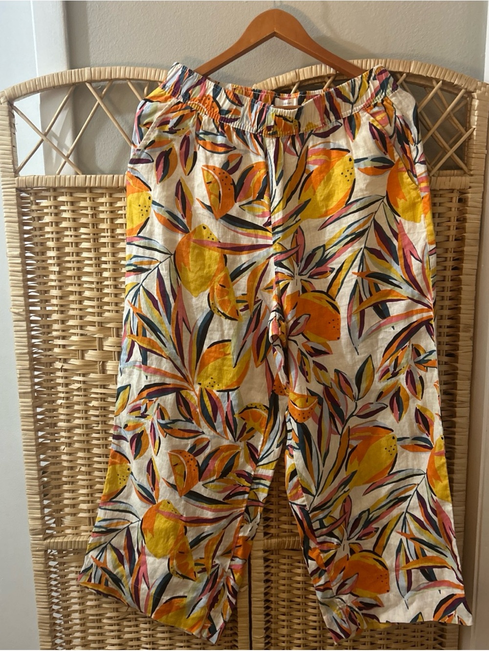 C&C California Ladies 100% Linen Tropical Citrus Wide Leg Pull on Pants Large